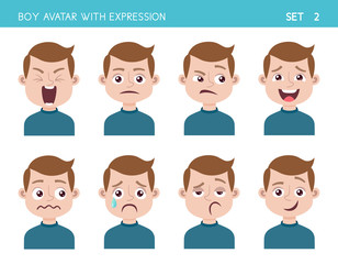 Set of kid facial emotions. Boy cartoon style character with different expressions. Vector illustration. Set two of six.