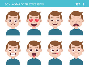 Set of kid facial emotions. Boy cartoon style character with different expressions. Vector illustration. Set three of six.