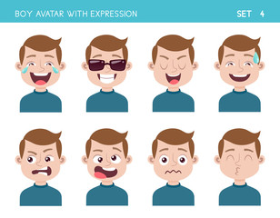 Set of kid facial emotions. Boy cartoon style character with different expressions. Vector illustration. Set four of six.