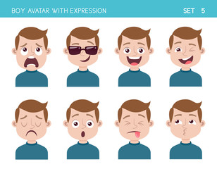 Set of kid facial emotions. Boy cartoon style character with different expressions. Vector illustration. Set five of six.