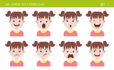 Set of kid facial emotions. Girl cartoon style character with different expressions. Vector illustration. Set one of six.