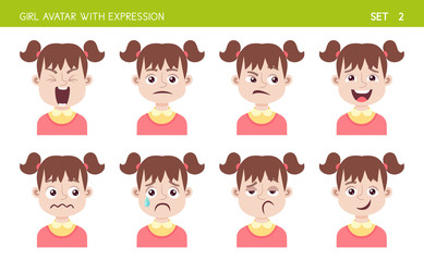 Set of kid facial emotions. Girl cartoon style character with different expressions. Vector illustration. Set two of six.