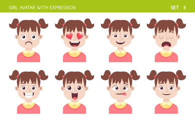 Set of kid facial emotions. Girl cartoon style character with different expressions. Vector illustration. Set three of six.