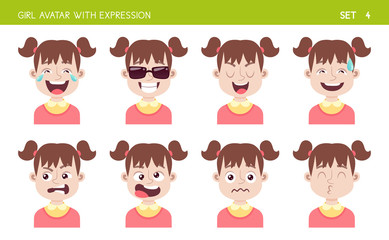 Set of kid facial emotions. Girl cartoon style character with different expressions. Vector illustration. Set four of six.