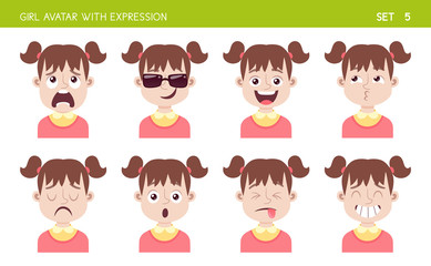 Set of kid facial emotions. Girl cartoon style character with different expressions. Vector illustration. Set five of six.