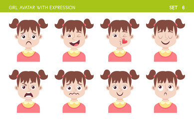 Set of kid facial emotions. Girl cartoon style character with different expressions. Vector illustration. Set six of six.