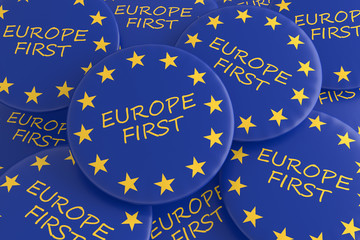 European Union Concept Badges Background: Pile With Europe First Buttons With EU Flag, 3d illustration