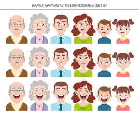 Set of family avatars with facial emotions. Cartoon style characters with different expressions. Vector illustration.