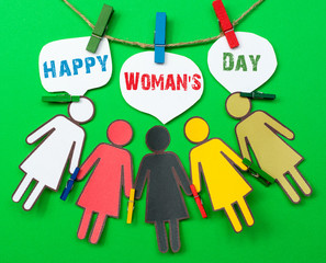 speech bubbles with text Happy Woman's Day and paper Group of Women different races under them. celebrated on march 8 