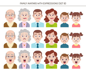 Set of family avatars with facial emotions. Cartoon style characters with different expressions. Vector illustration.