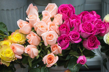Bunch of big pink red and tea roses