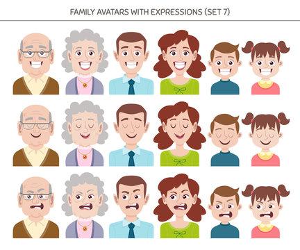 Set of family avatars with facial emotions. Cartoon style characters with different expressions. Vector illustration.