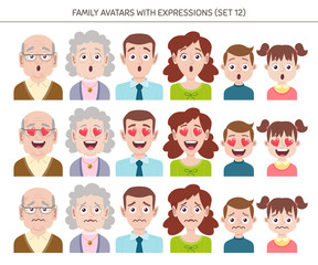 Set of family avatars with facial emotions. Cartoon style characters with different expressions. Vector illustration.