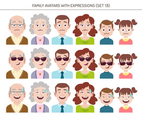 Set of family avatars with facial emotions. Cartoon style characters with different expressions. Vector illustration.