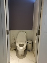 Toilet seat decoration in bathroom interior. White toilet bowl, A roll of white toilet paper hanging on a chrome toilet roll holder and trash can in the toilet with purple wall