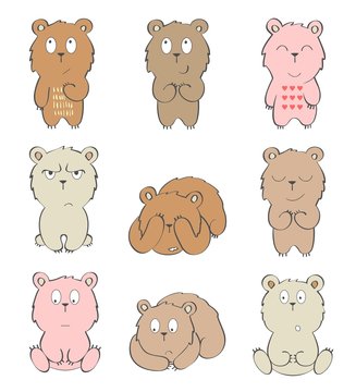 Set of cartoon bears with various emotions.
