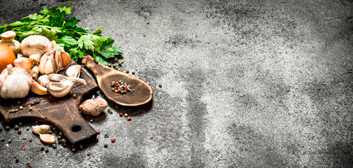 Fresh vegetables . Fresh vegetables with spices and herbs. On rustic background.