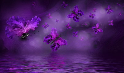 Fototapeta na wymiar Amazing butterfly fairy of flowers, hydrangeas and iris.