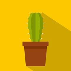 Green potted cactus icon, flat style