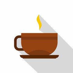 Brown tea cup and saucer icon, flat style