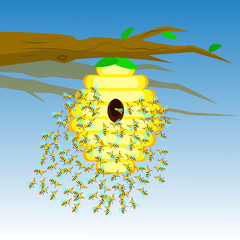 Yellow bee hive on a tree branch. Bee hive isolate. Vector illustration of bee house with a circular entrance. Insect life in nature. Bees near the hive. Beehive in a tree branch.