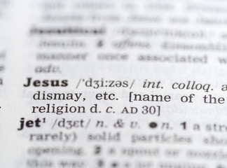Close up of English dictionary page with definition of the word Jesus