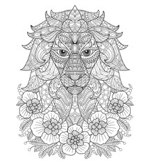 Lion and flower. Hand drawn sketch illustration for adult coloring book.