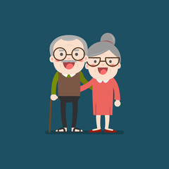 Obraz na płótnie Canvas Retired elderly senior age couple in creative flat vector character design | Grandpa and grandma standing full length smiling