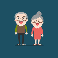 Retired elderly senior age couple in creative flat vector character design | Grandpa and grandma standing full length smiling