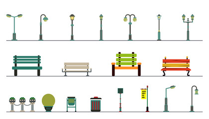 Light posts and outdoor elements for construction of landscapes. Vector flat illustration. park equipment