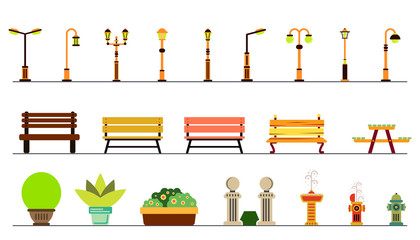 Lights and outdoor elements, bench, fountain, urn. Set of elements for construction of urban and village landscapes. Vector flat illustration