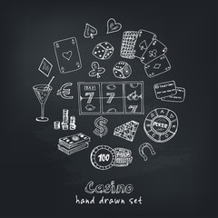 Hand drawn doodle set of Casino icons. Vector illustration. Cartoon Gambling symbols. Sketchy game elements collection: bet, jackpot, cards, chips, coins, darts, roulette, poker, money, slot.