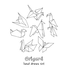 Origami hand drawn doodle set. Vector illustration of   figures from paper