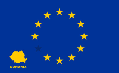 EU flag with Romania country. European Union membership Romania