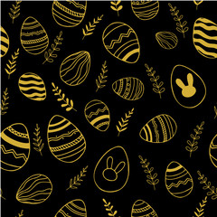 Easter seamless pattern. Hand drawn eggs and floral elements. Gold on black background.