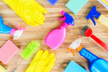 Spring cleaning concept - colorful spays and rubbers pattern