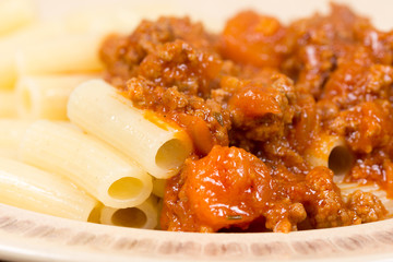 Pork and beef minced meat with tomato sauce and macaroni