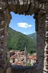 View of medieval Pigna village from a stone window, Imperia Province