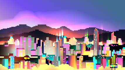 Retro Eight Bit Neon City Skyline Background - Vector Illustration.