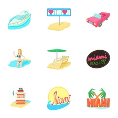 Tourism in Miami icons set, cartoon style