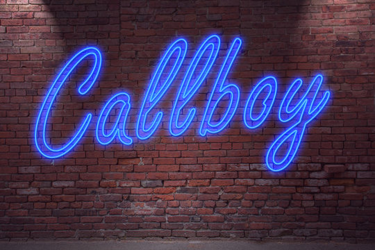 Leuchtreklame Callboy an Ziegelsteinmauer