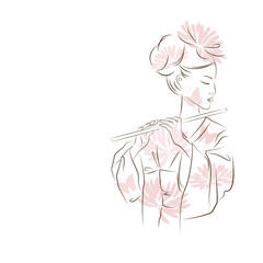 Beautiful Geisha girl. Asian woman is playing the flute . Oriental style painting. Hand drawing illustration with beautiful oriental woman. Vector isolated on white background.