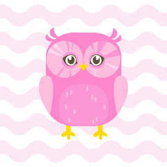 Baby shower illustration with cute pink baby owl on pink background suitable for baby shower invitation card, postcard, and nursery wall