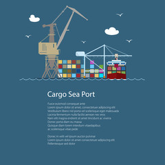 Seaport with Container Ship and Text , Unloading Containers from a Ship in a Docks with Cargo Crane, International Freight Transportation, Poster Brochure Flyer Design, Vector Illustration
