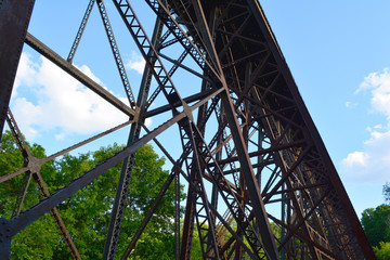 Metal rusty brown rail road bridge debris from below. Railway across the river in the park on steel bridge.