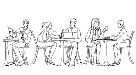 Business people at lunch break in cafe, talking and working with laptops. Doodle illustration