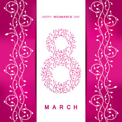 8 of March Woman's Day vector envelope on the gradient pink background with white floral pattern, pocket, text and shadow.