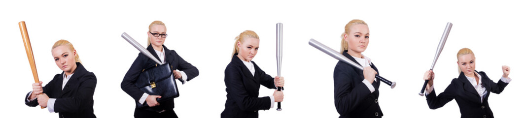Businesswoman with baseball bat on white © Elnur