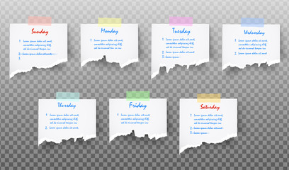 Set of White realistic vector ripped piece of paper Sticky Note Memo with clip, shadow and text isolated on transparent background. Post it paper for planning Work week, to do list.