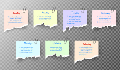 Set of White realistic colorful vector ripped piece of paper Sticky Note Memo with clip, shadow and text isolated on transparent background. Post it paper for planning Work week, to do list.